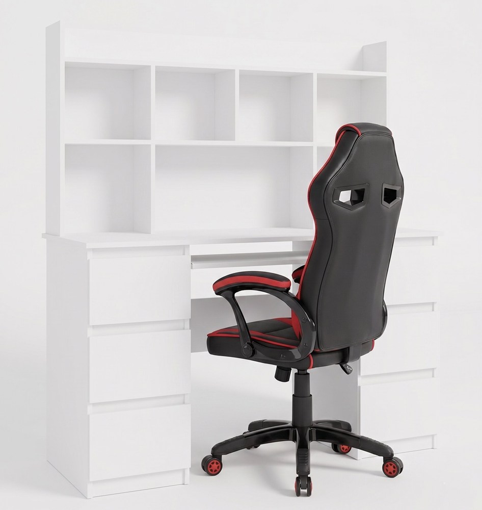 MINIATURA1 Biurko KUBA Z NADSTAWKĄ BIAŁE + Fotel DRIFT CZERWONY Zestaw 6 Szuflad - obrazek 1