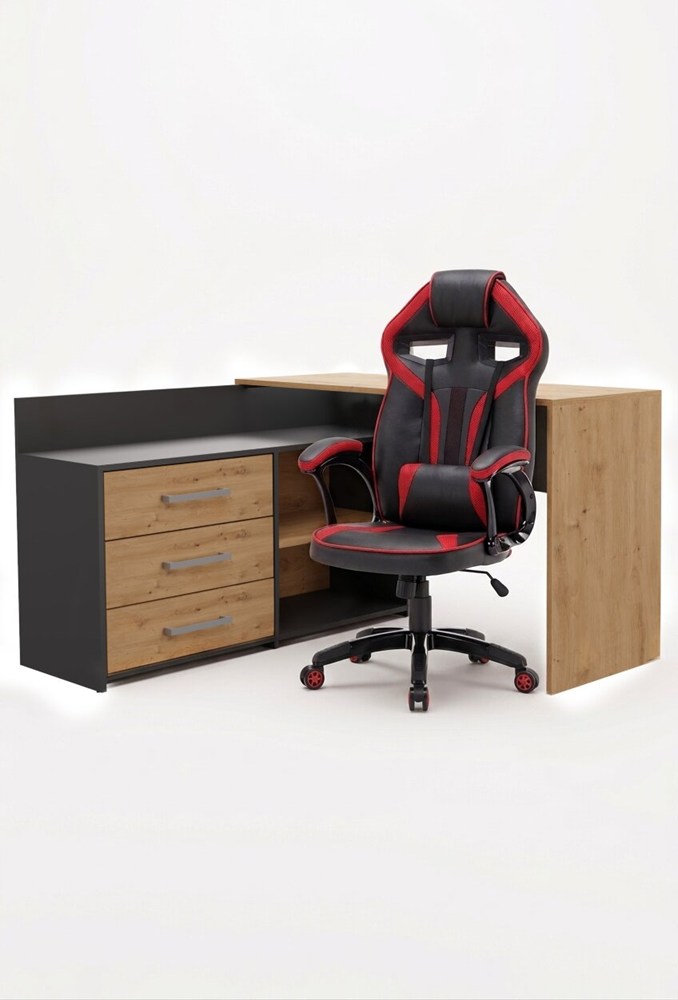 MINIATURA2 Zestaw BIURKO DANY Narożne ANTRACYT / DĄB ARTISAN + Fotel DRIFT CZERWONY - obrazek 1