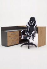 Zestaw BIURKO DANY Narożne ANTRACYT / DĄB ARTISAN + Fotel REMUS BIAŁY