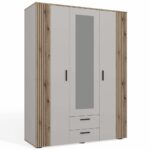 SZAFA AVA 150 CM LUSTRO 2 SZUFLADY RYFLOWANY FRONT DĄB EVOKE KASZMIR BEŻ