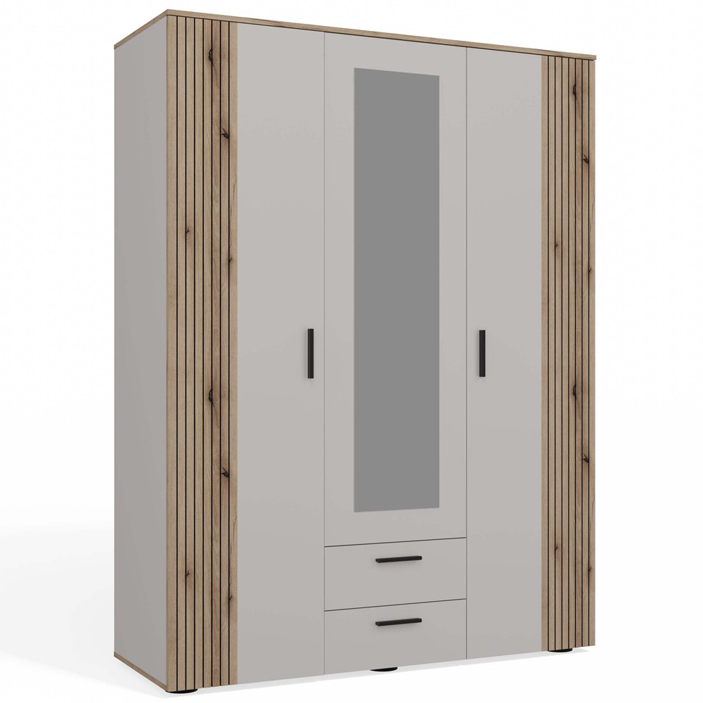 MINIATURKA SZAFA AVA 150 CM LUSTRO 2 SZUFLADY RYFLOWANY FRONT DĄB EVOKE KASZMIR BEŻ - obrazek 1