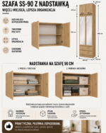 SZAFA Malwa SS-90 Z Lustrem z Nadstawką DĄB ARTISAN 2 Drzwi 2 Szuflady Do Pokoju - obrazek 3